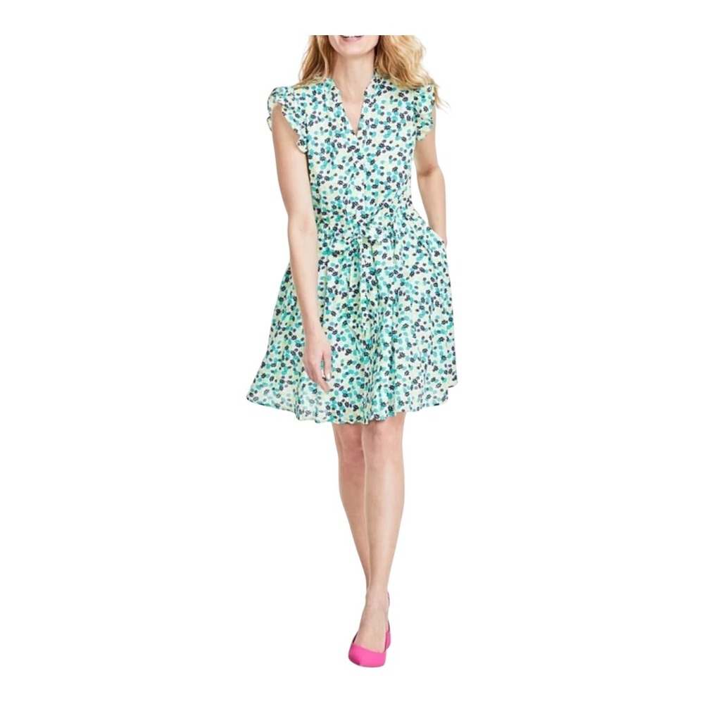 On 34th‎ Floral Print Ruffle Sleeve Tie Waist Casual Dress Green Yellow Size XS